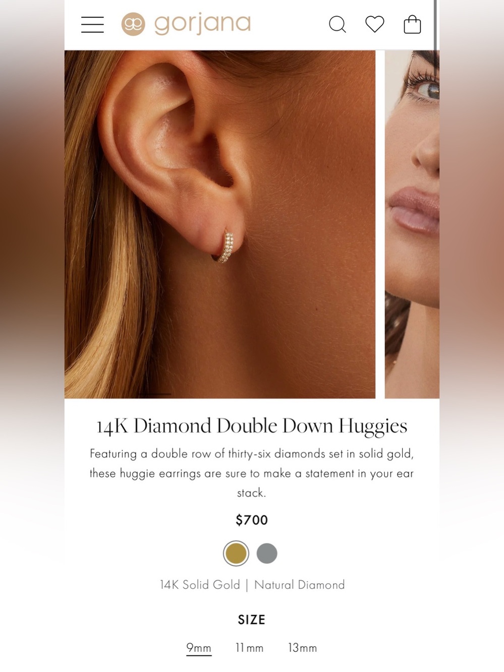 NWT Gorjana Fine 14K Diamond Double Down Huggies 9mm